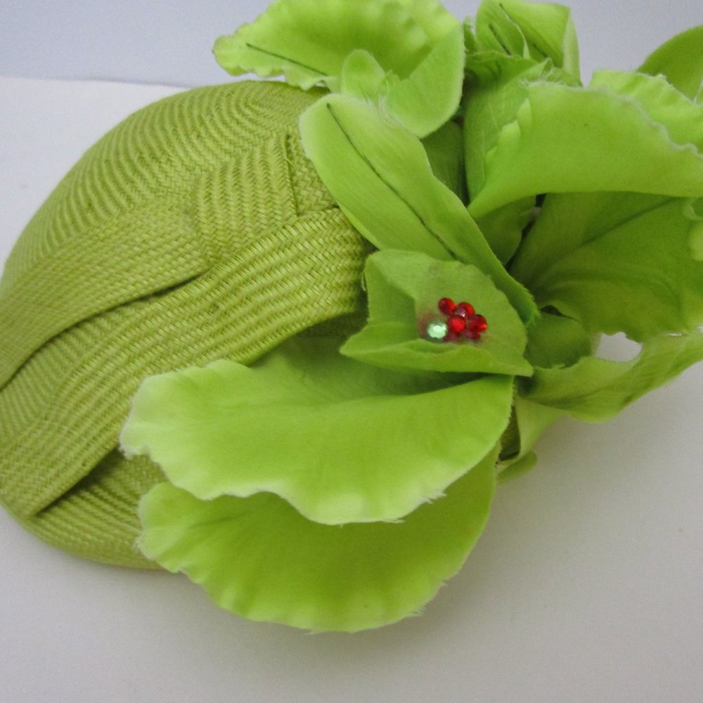 Jack McConnell Chartreuse Straw Hat Molded Torque Silk Orchid Church Percher - Picture 6 of 8